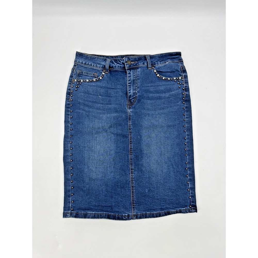 VTG Y2K Satin Doll Studded Rhinestone Denim Jean Skirt Large Embellished Western
